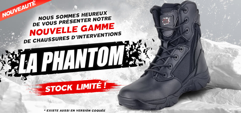 Image de la chaussure de sécurité Phantom One : une paire de rangers noires, avec une coque de protection à l'avant du pied, zip noir et logo de la marque sur la languette.
