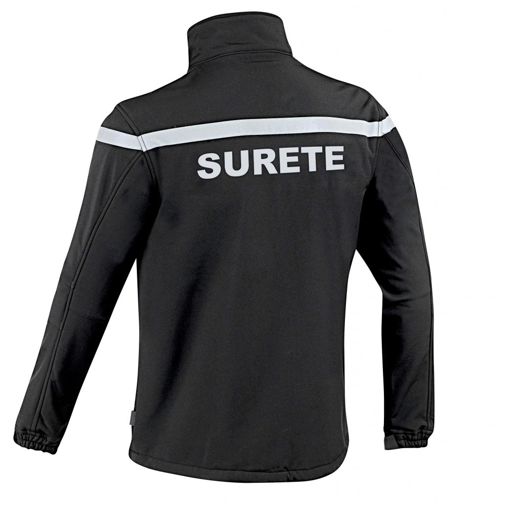 image d'une veste softshell noir pour agent de sureté de dos avec inscription "sureté"